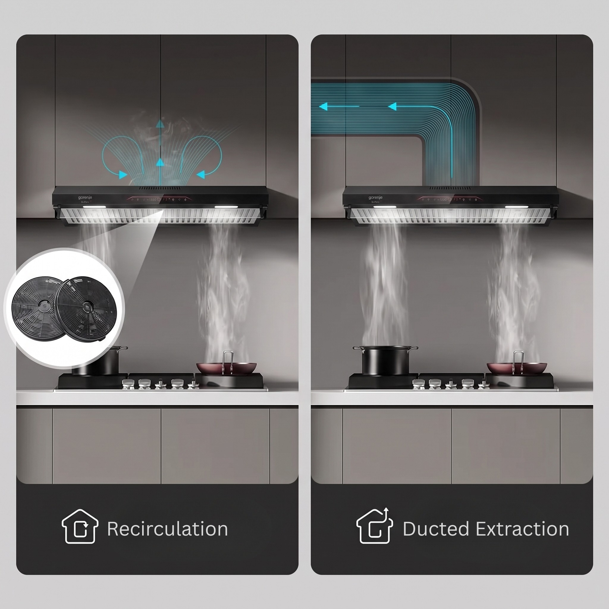 A side-by-side comparison graphic showing a kitchen range hood in use, with steam rising from cookware above. The left panel is labeled 'Recirculation' and shows blue arrows indicating air direction; the right panel is labeled 'Ducted Extraction' and shows blue arrows indicating ducted airflow.