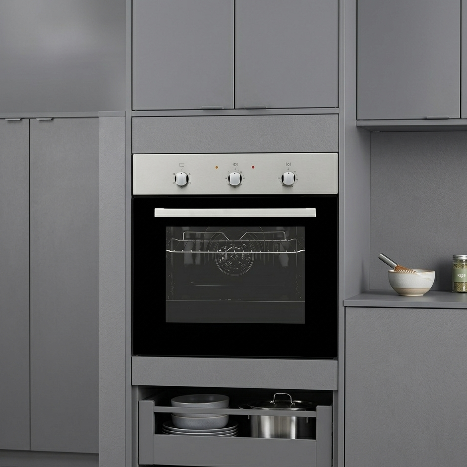 Modern kitchen with a built-in oven and gray cabinets