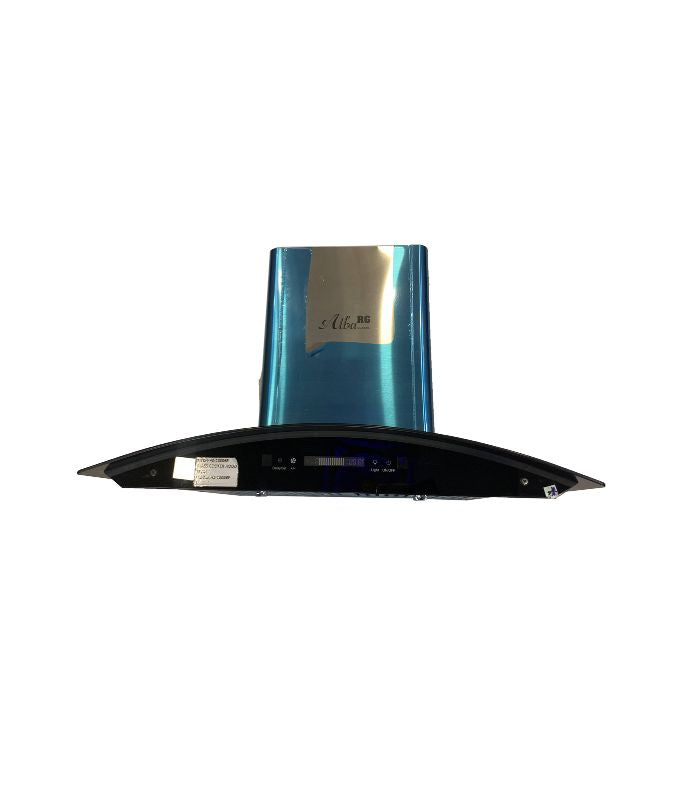 Curved glass cooker hood in black color with a blue accent and LED light, featuring push button controls.