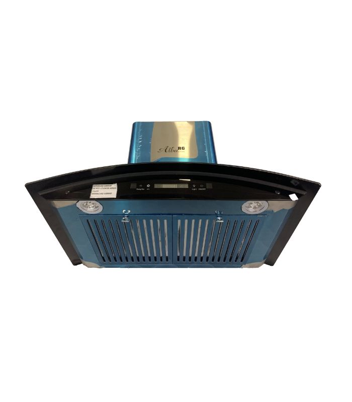 Curved glass cooker hood in black color with a blue accent and LED light, featuring push button controls.
