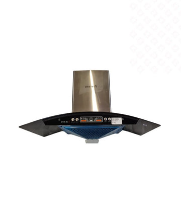 Curved glass cooker hood with a silver finish and visible push button controls on the front.