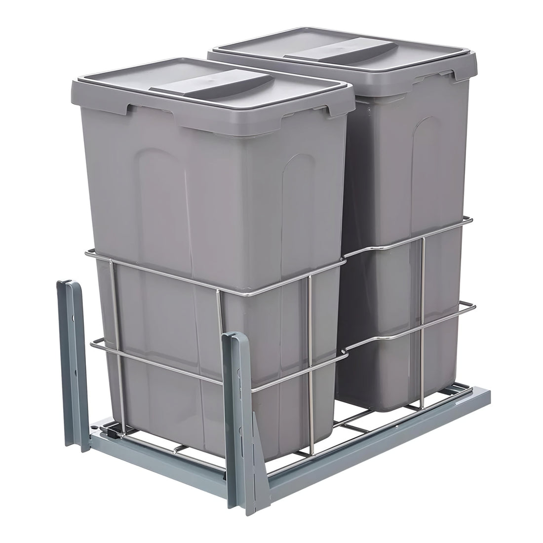 A grey slide out double waste bin with a lid, made of plastic and stainless steel, mounted on a grey metal frame with a soft-close mechanism.