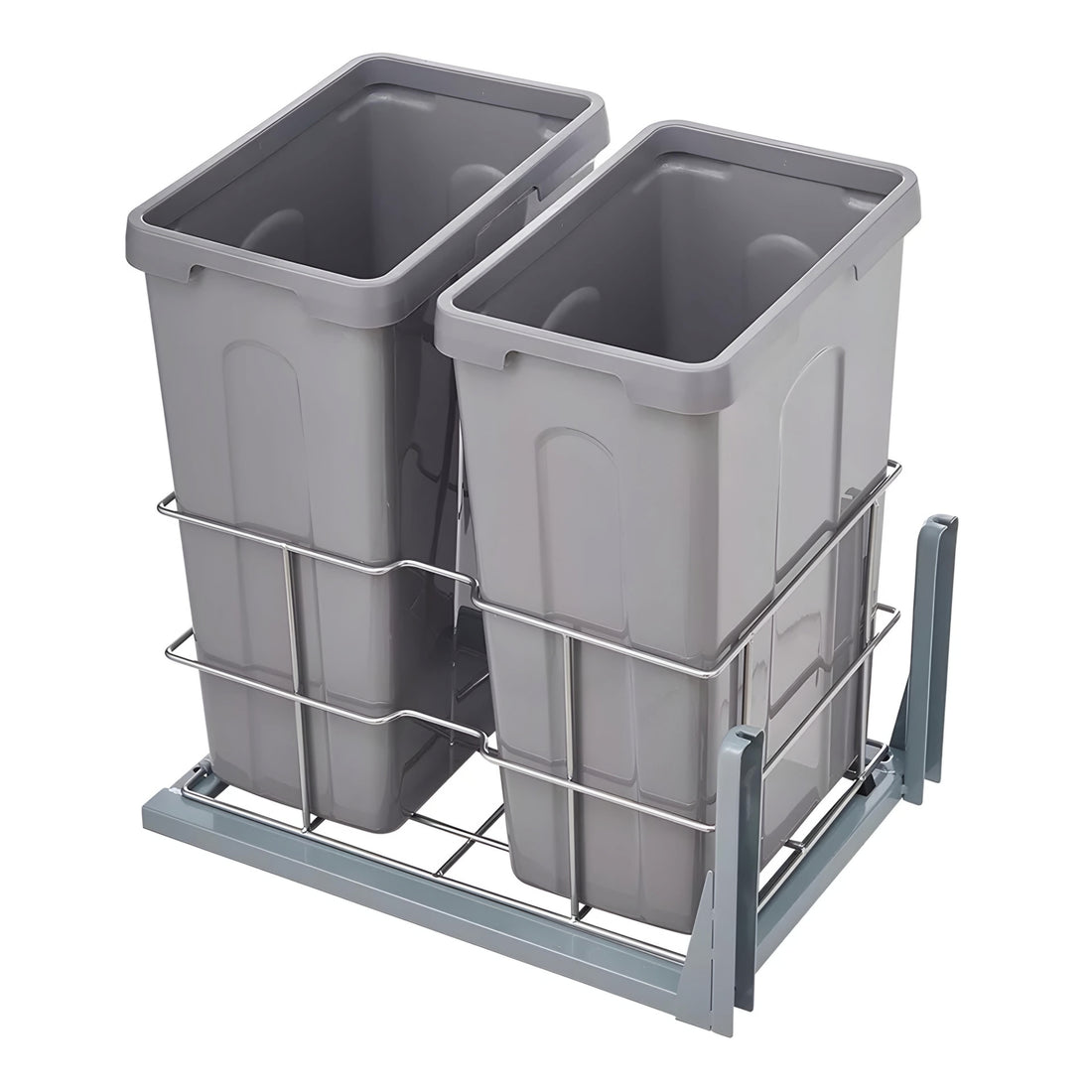 A grey slide out double waste bin with a lid, made of plastic and stainless steel, mounted on a grey metal frame with a soft-close mechanism.