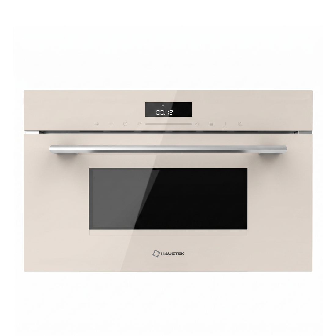 Haustek built-in oven in a warm cream color with a glossy black glass door window and a silver horizontal handle, shown against a plain white background.
