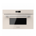 Haustek built-in oven in a warm cream color with a glossy black glass door window and a silver horizontal handle, shown against a plain white background.