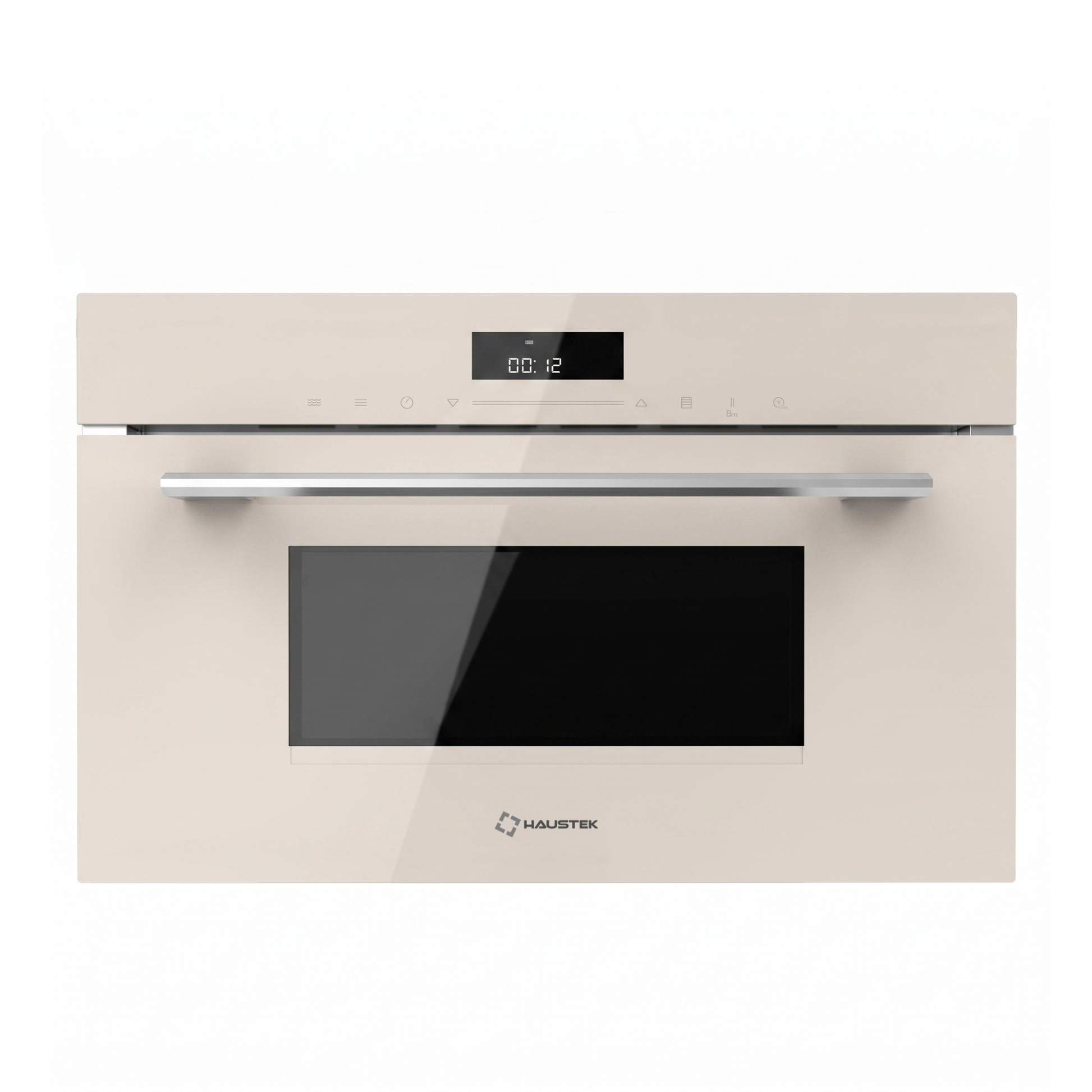Haustek built-in oven in a warm cream color with a glossy black glass door window and a silver horizontal handle, shown against a plain white background.