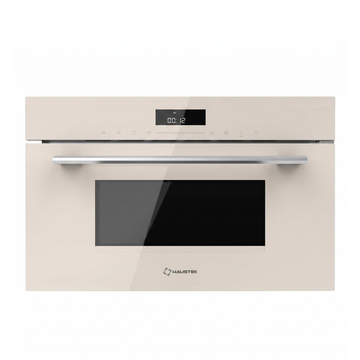 Haustek built-in oven in a warm cream color with a glossy black glass door window and a silver horizontal handle, shown against a plain white background.