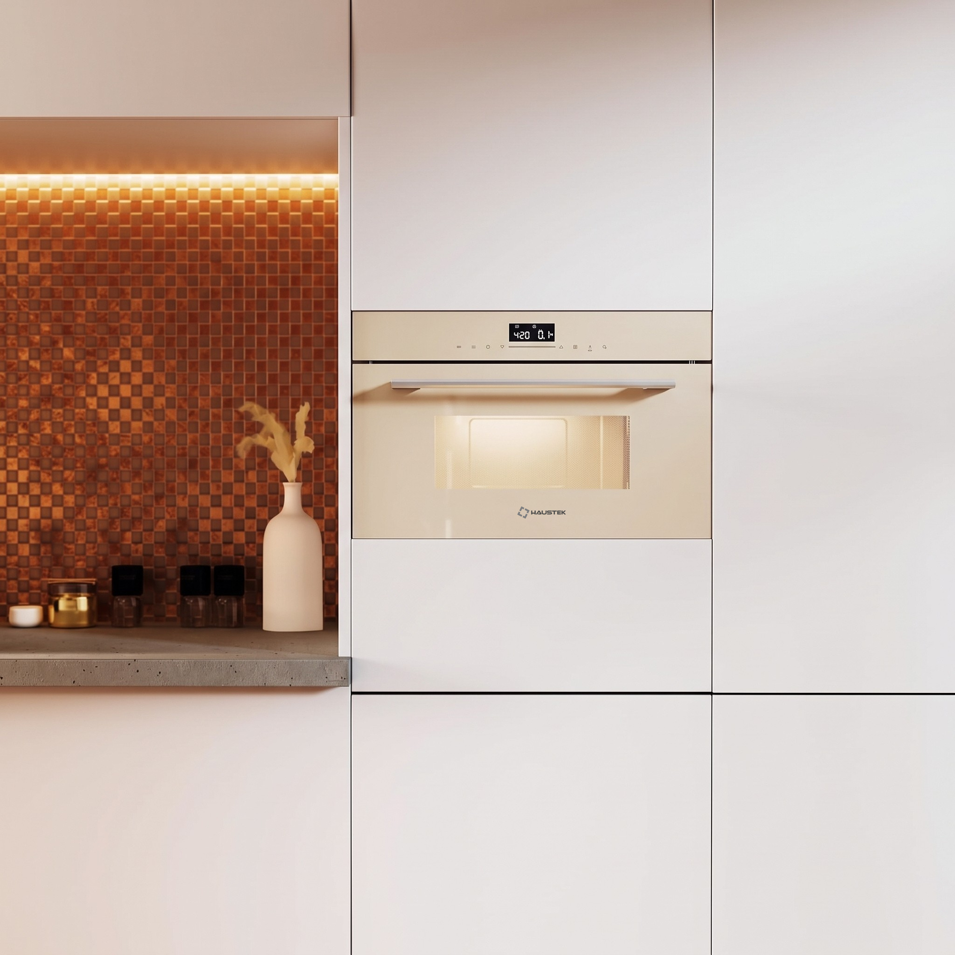 A built-in oven or microwave in a cream finish, installed in a modern white kitchen cabinet next to a copper mosaic tile backsplash.