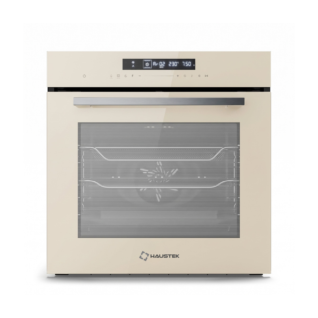 A Haustek double oven with a cream-colored exterior, a large glass window showing two racks, and a digital control panel on the top door, set against a plain white background.