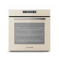 A Haustek double oven with a cream-colored exterior, a large glass window showing two racks, and a digital control panel on the top door, set against a plain white background.