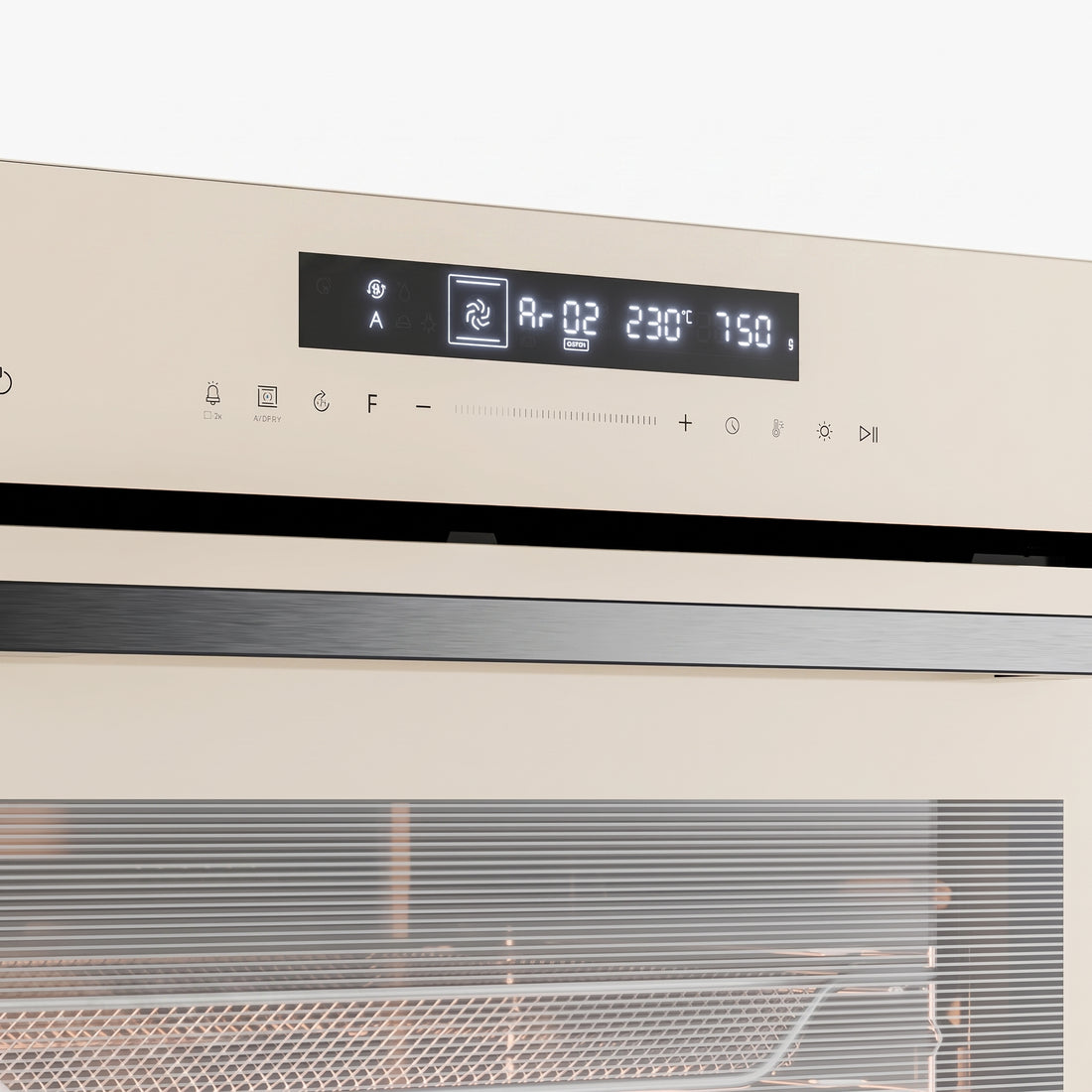 A Haustek double oven with a cream-colored exterior, a large glass window showing two racks, and a digital control panel on the top door, set against a plain white background.