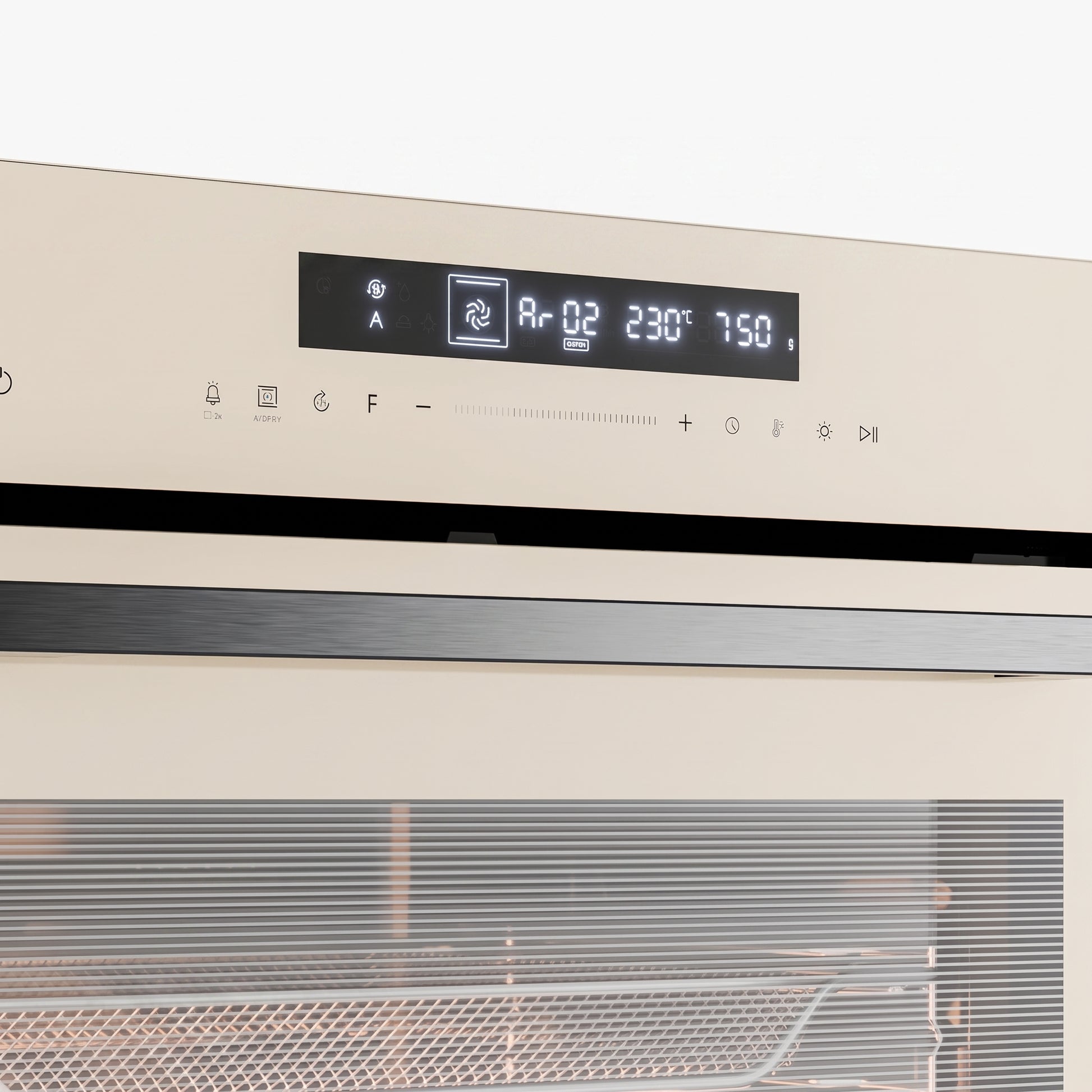 Close-up of a built-in oven control panel with a digital display and touch controls, above a glass door with a horizontal safety screen.