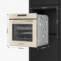 Built-in oven shown installed in a black cabinet opening, with dimension callouts around the unit indicating 59,5 cm height, 59,5 cm width, 54,8 cm depth, and 60,8 cm cabinet width.
