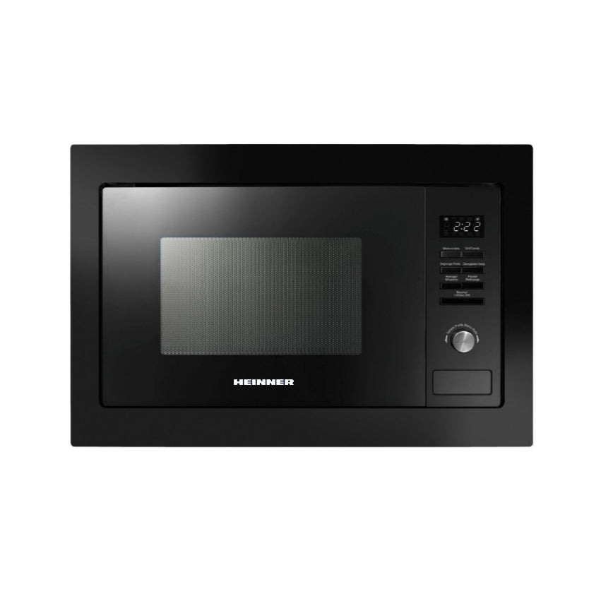 Black microwave oven with digital display on a white background