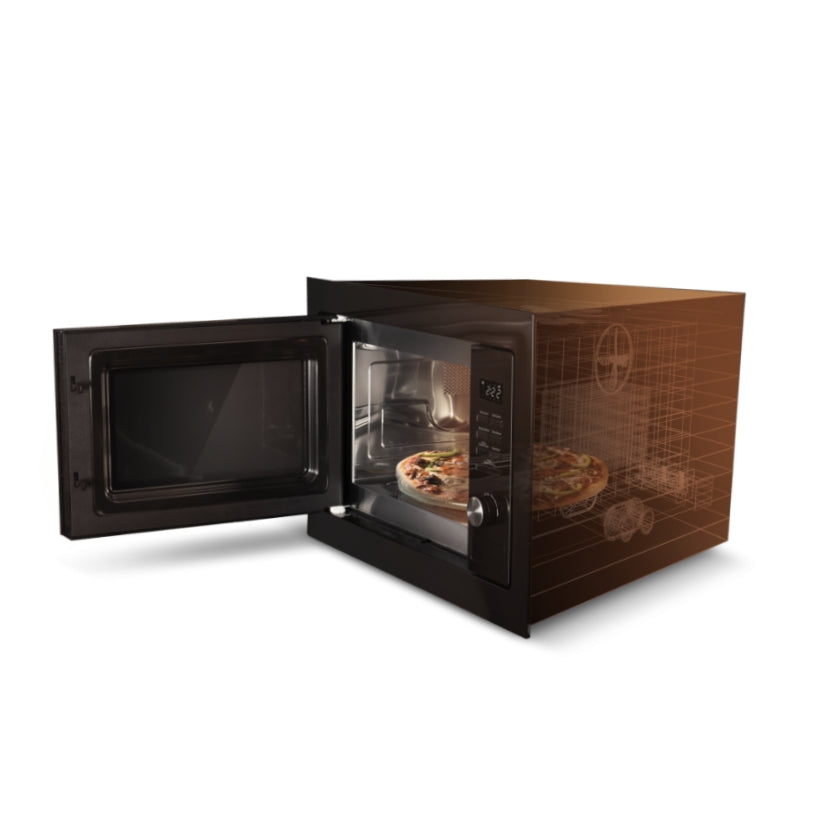 Black microwave oven with digital display on a white background
