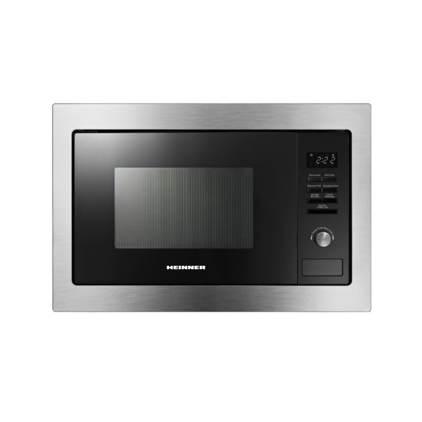 Stainless steel microwave oven on a white background