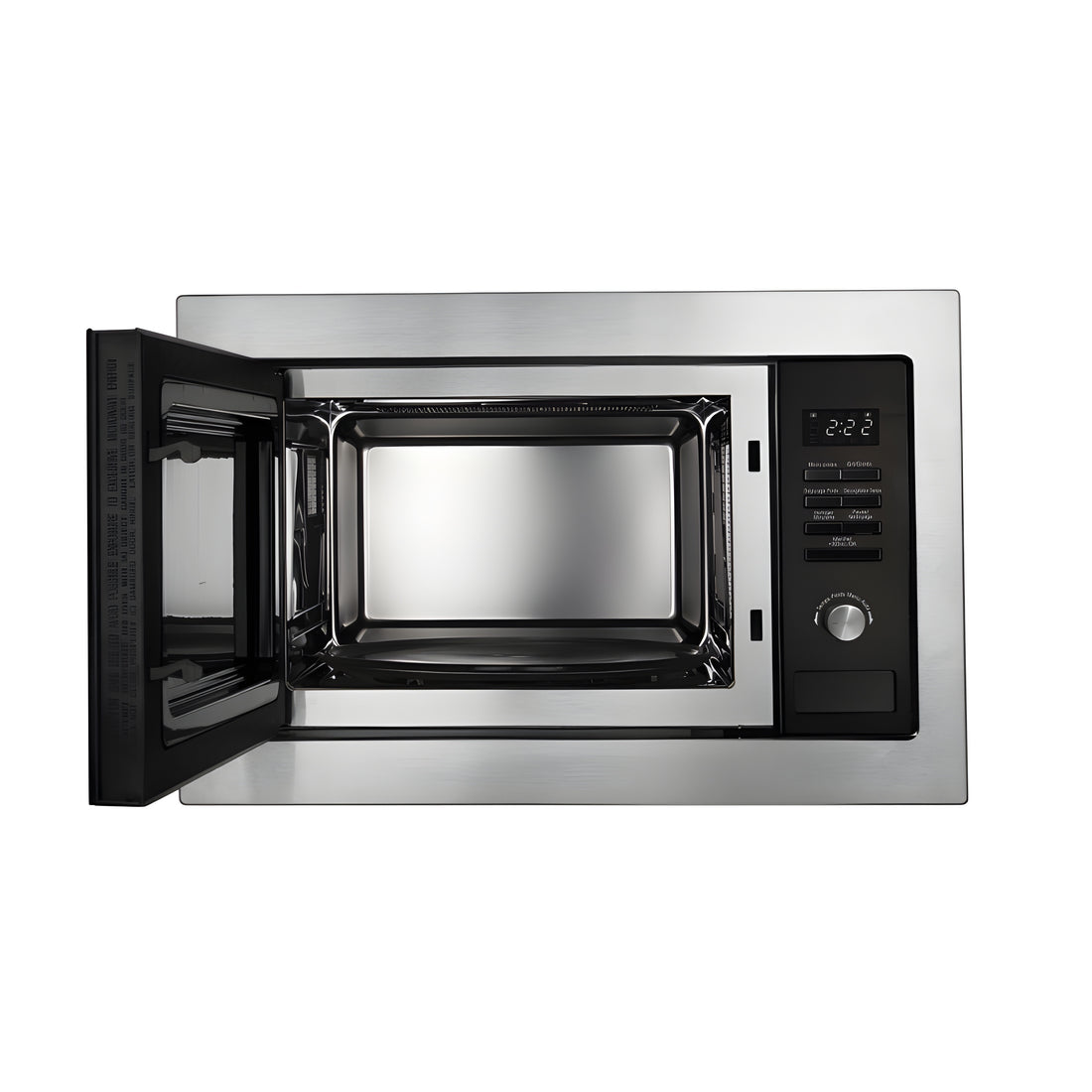 Stainless steel microwave oven on a white background