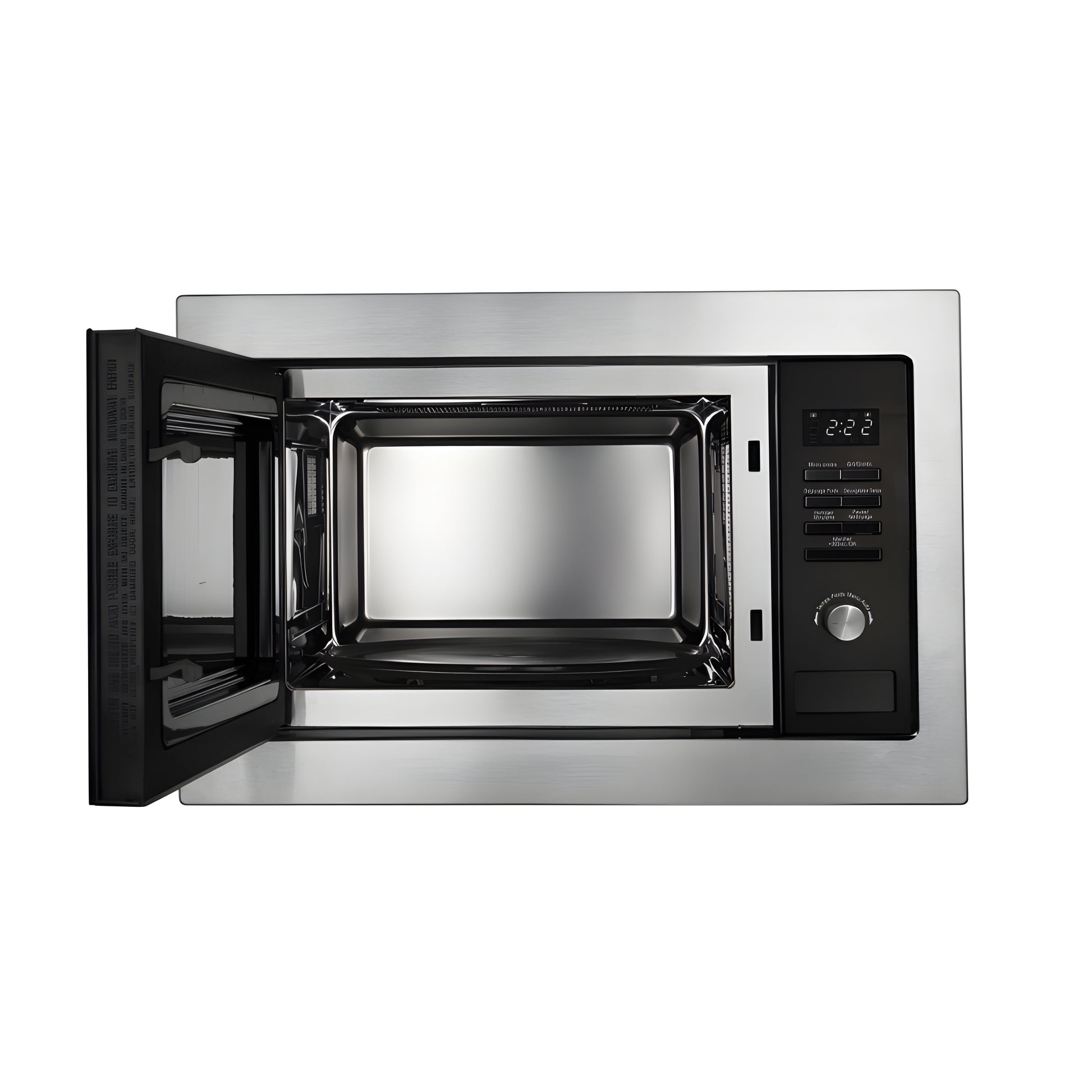 Stainless steel microwave oven with open door on a white background