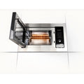 Stainless steel microwave oven with open door on a white background