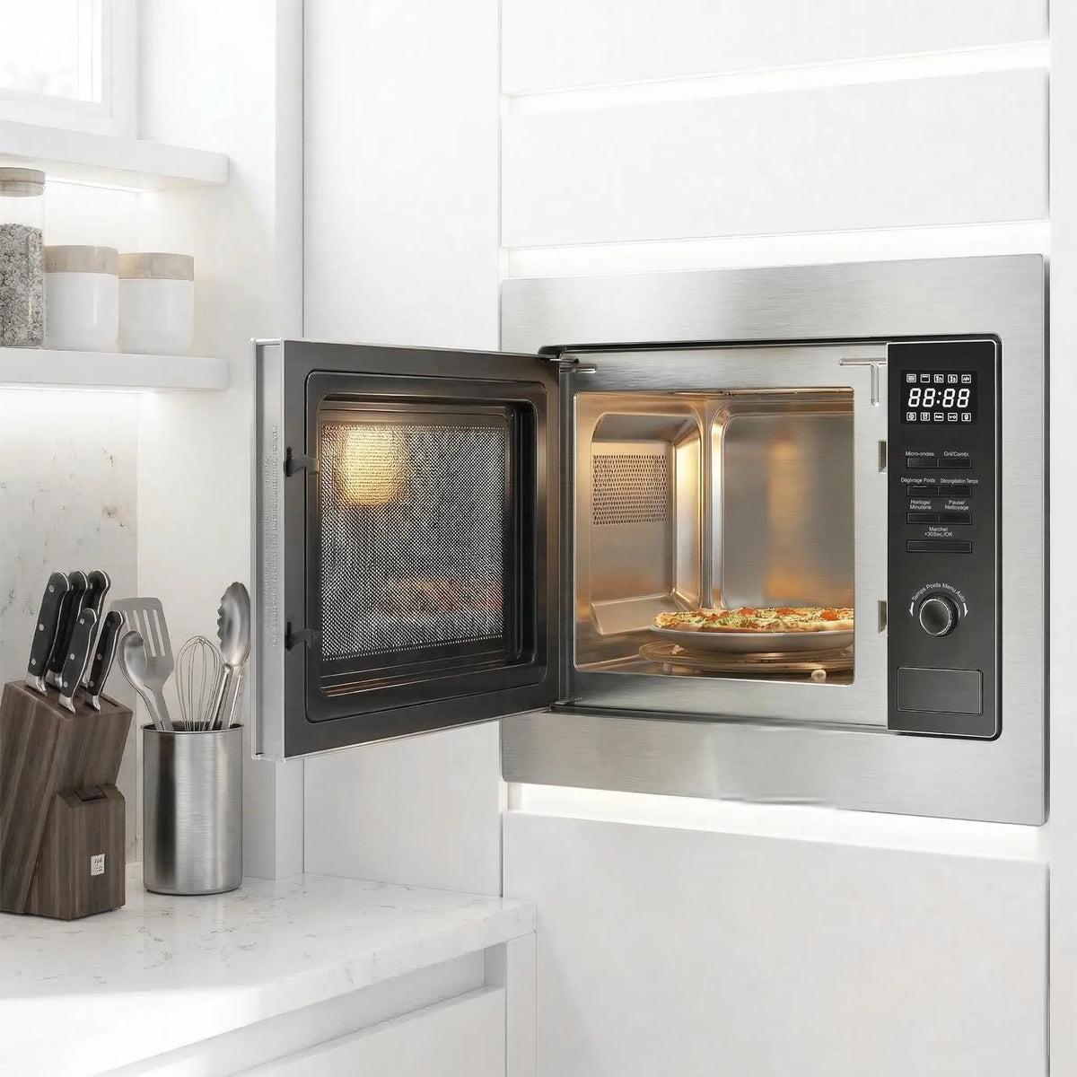 A stainless steel built-in microwave oven with its door open, mounted on a white tiled kitchen wall above a marble countertop with kitchen utensils.