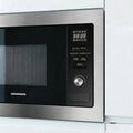 A close-up of a stainless steel and black HENNIGER microwave oven showing the control panel, digital display, and dial.