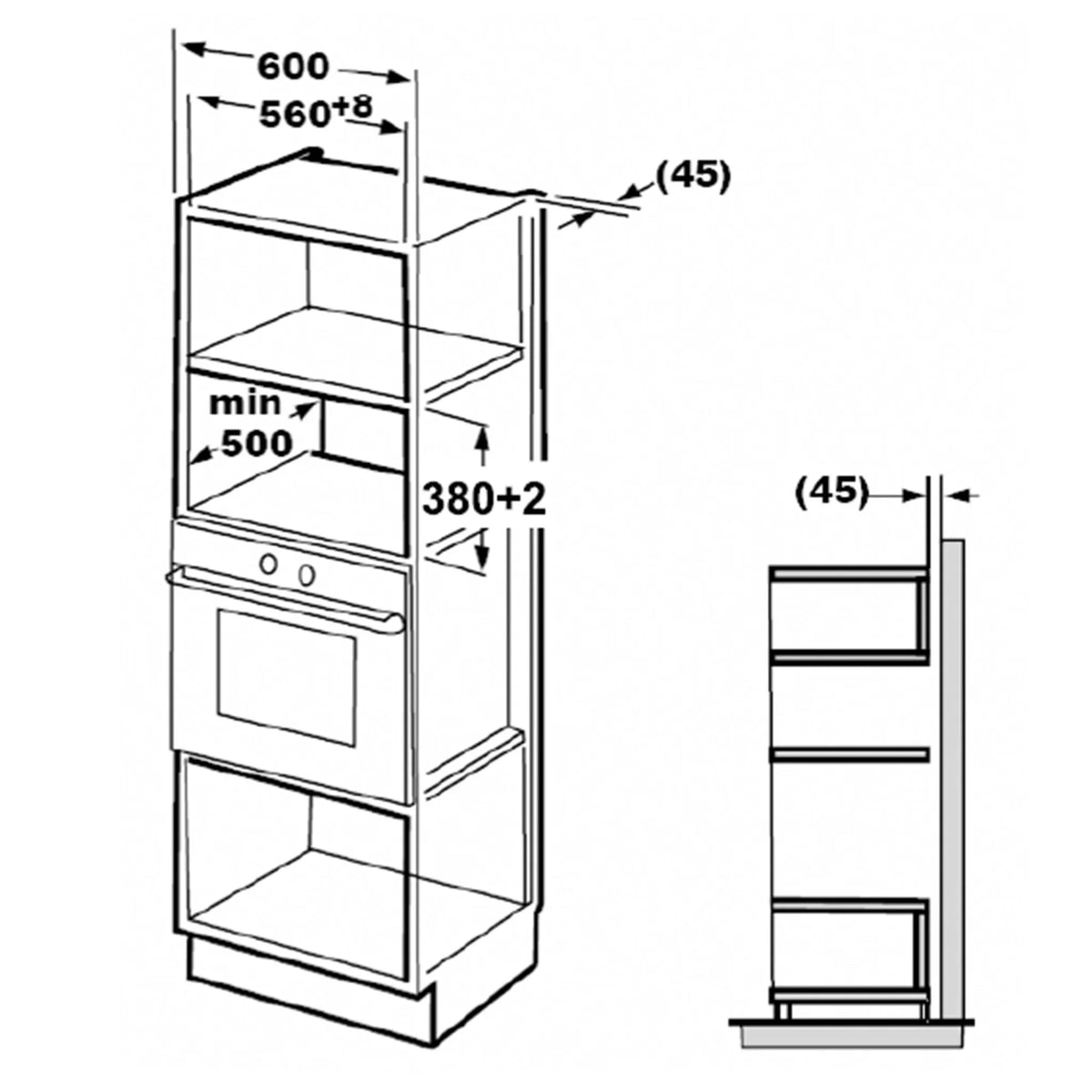 Technical drawing of a kitchen cabinet with dimensions labeled