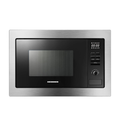 A Heinner built-in microwave oven with a brushed stainless steel frame and a black glass door, featuring a digital display and control buttons on the right side.