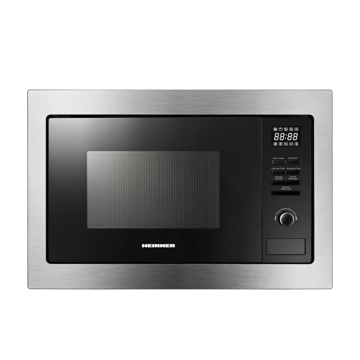 A Heinner built-in microwave oven with a brushed stainless steel frame and a black glass door, featuring a digital display and control buttons on the right side.