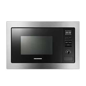 A Heinner built-in microwave oven with a brushed stainless steel frame and a black glass door, featuring a digital display and control buttons on the right side.