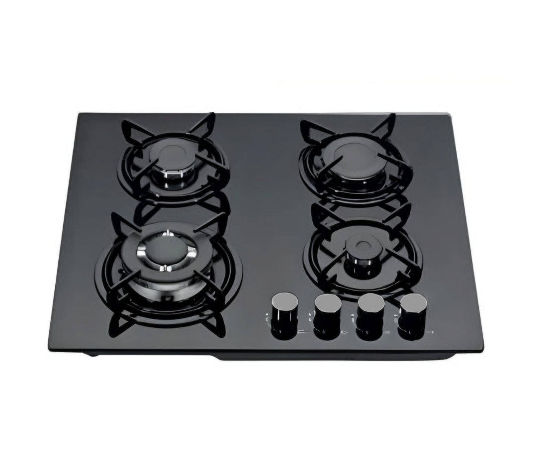 A black 60cm 4 burner gas cooktop with tempered glass surface and enamel pan supports.