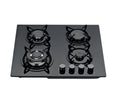 A black 60cm 4 burner gas cooktop with tempered glass surface and enamel pan supports.