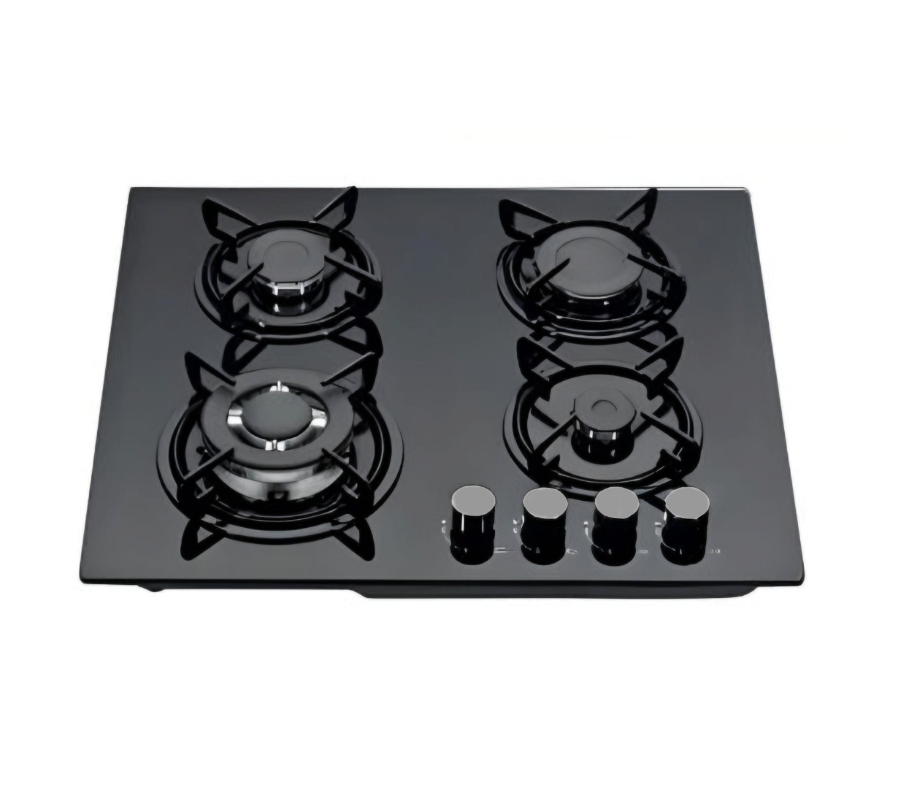 A black 60cm 4 burner gas cooktop with tempered glass surface and enamel pan supports.