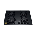 Black gas stove with four burners on a white background