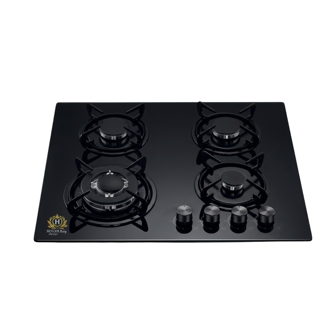 Black gas stove with four burners on a white background