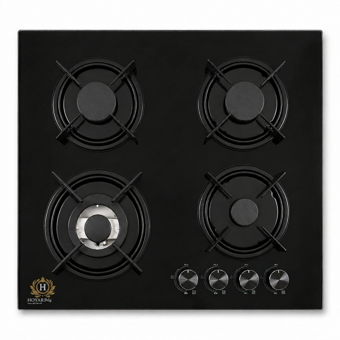 Black glass gas stove top with four burners and four control knobs, shown from a top-down view on a white background.