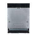 The back panel of a built-in dishwasher, featuring a brushed silver metal face with black plastic components at the top and bottom, shown on a solid white background.
