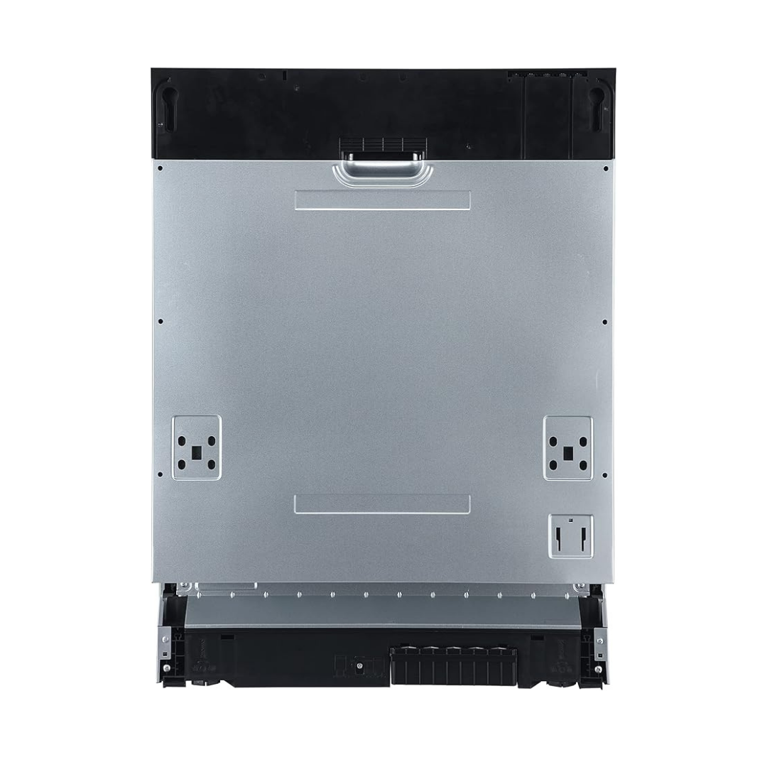 The back panel of a built-in dishwasher, featuring a brushed silver metal face with black plastic components at the top and bottom, shown on a solid white background.