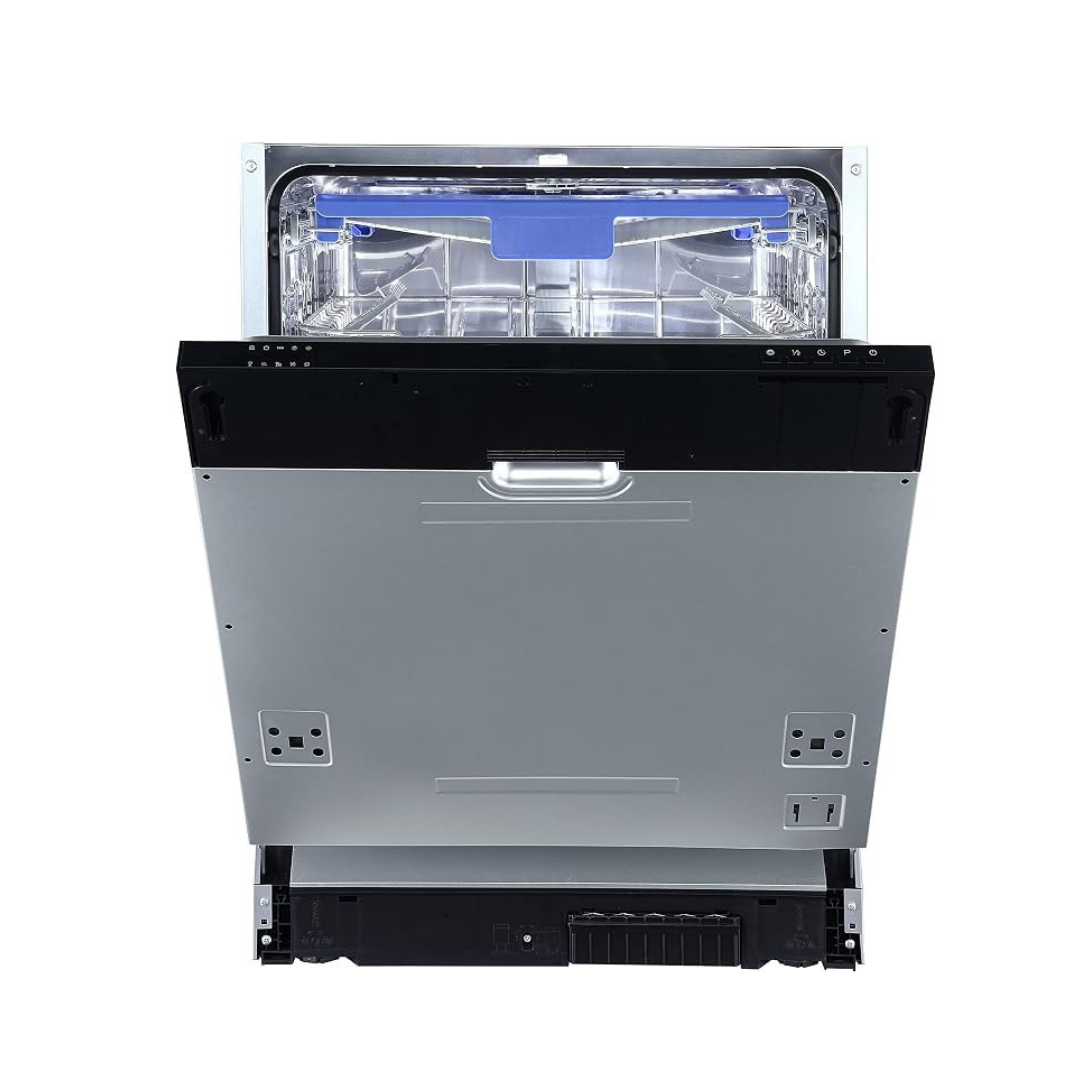 A front-facing view of a built-in dishwasher with the door open, showing the interior spray arms and blue water reservoir. The appliance has a brushed silver metal front panel, a black top and bottom trim, and a silver handle.