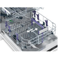 Open dishwasher interior showing the upper and lower racks with a white and purple basket tray and adjustable tines, plus a white arrow indicating rack position.