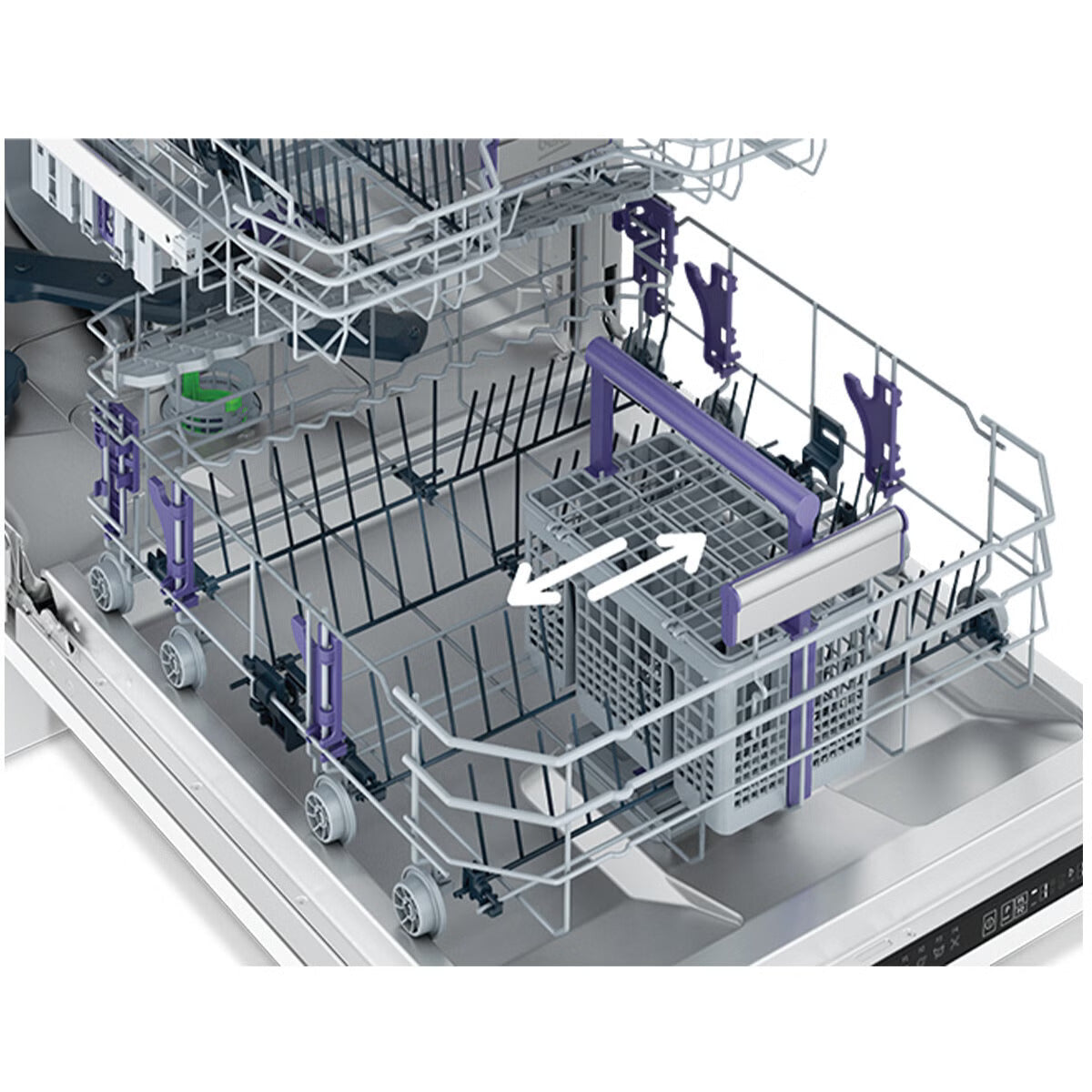 Open dishwasher interior showing the upper and lower racks with a white and purple basket tray and adjustable tines, plus a white arrow indicating rack position.