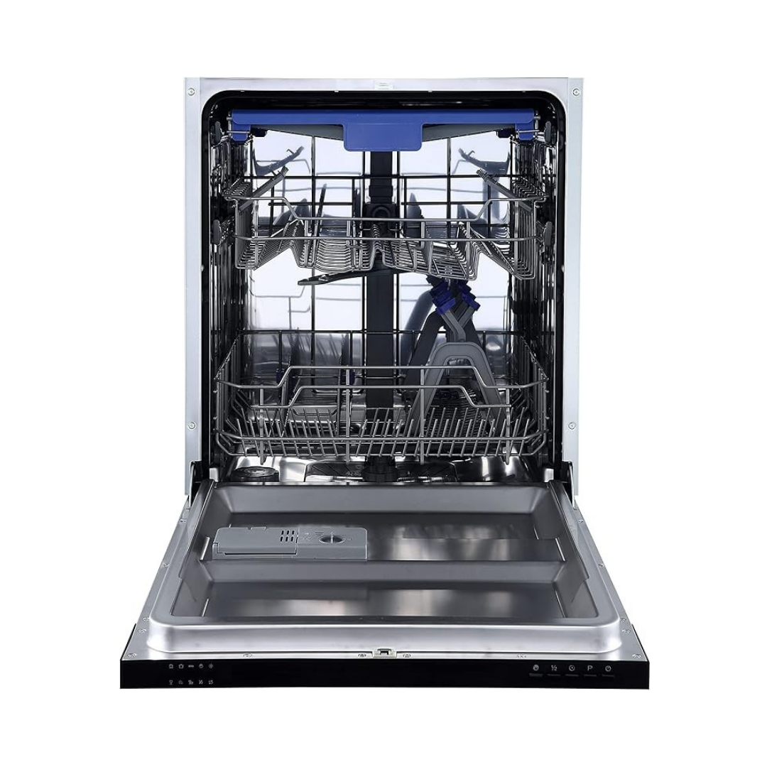 An open stainless steel built-in dishwasher shown from the front, with both racks extended and the door lowered, photographed on a plain white background.
