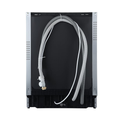 The back panel of a stainless steel and black appliance, showing the water inlet pipe, drain hose, and vent holes on a white background.