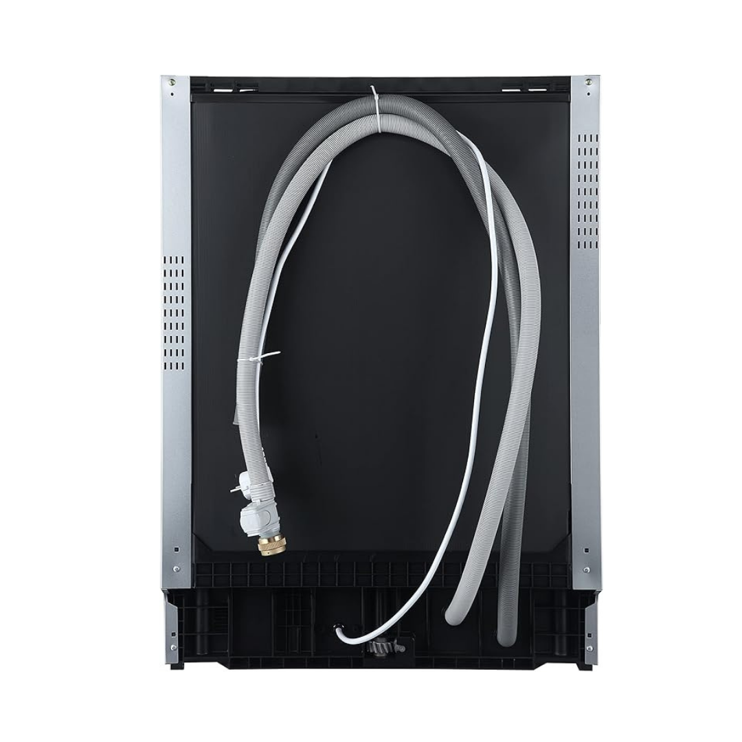 The back panel of a stainless steel and black appliance, showing the water inlet pipe, drain hose, and vent holes on a white background.