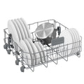 Dishwasher rack with plates and a pot on a white background
