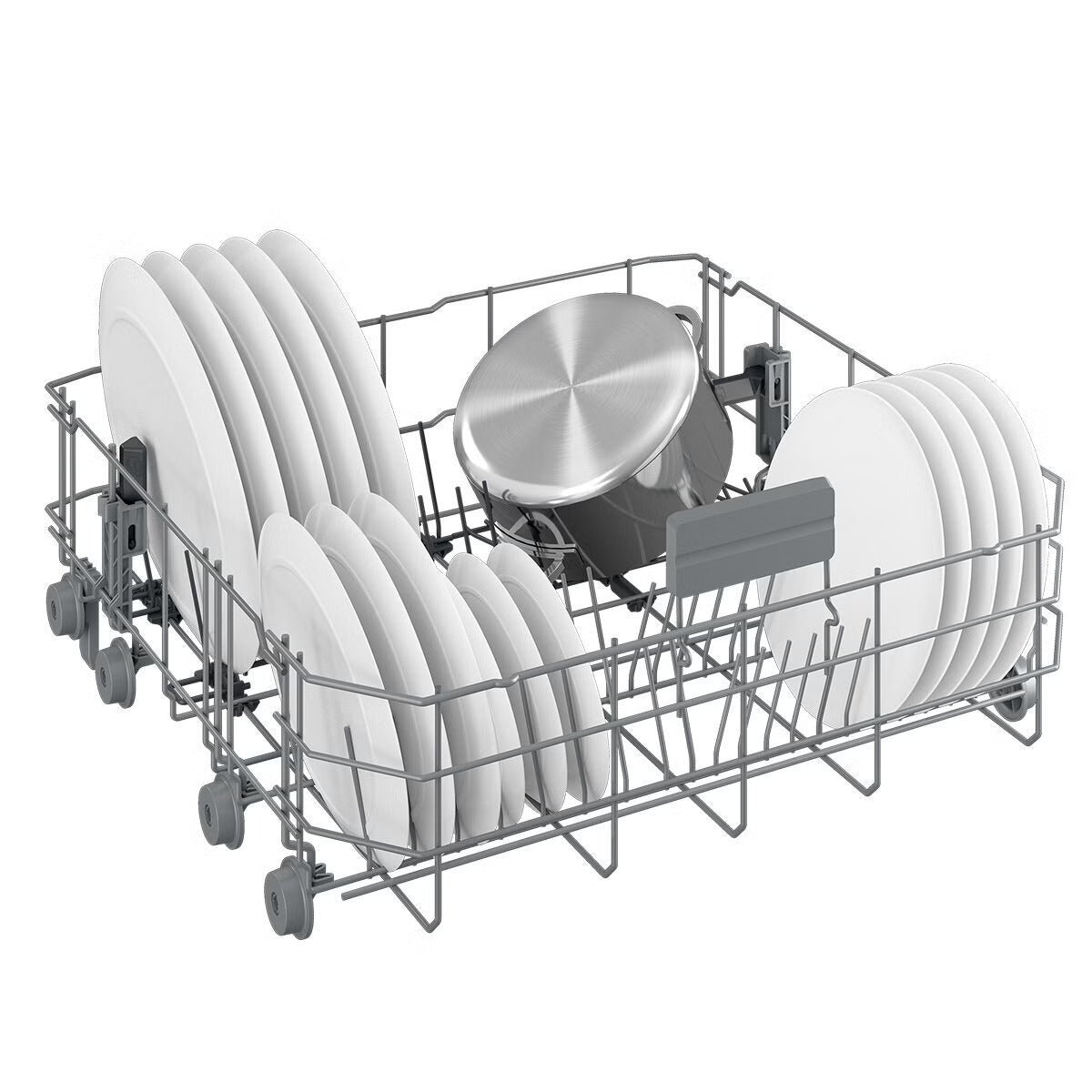 Dishwasher rack with plates and a pot on a white background