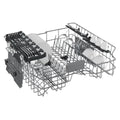 Dishwasher rack with cutlery and plates on a white background