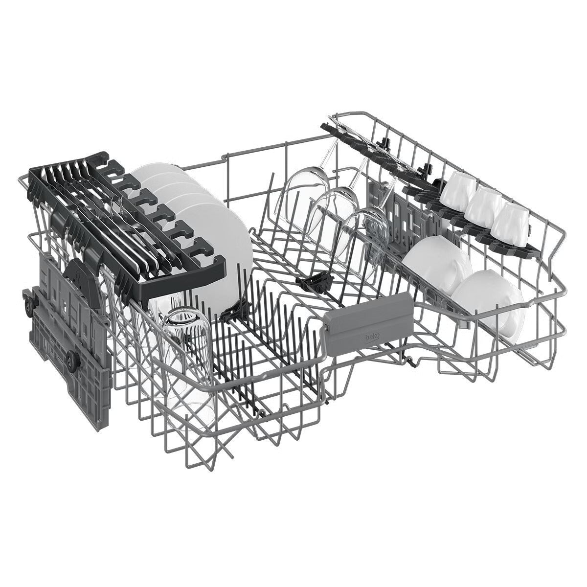 Dishwasher rack with cutlery and plates on a white background