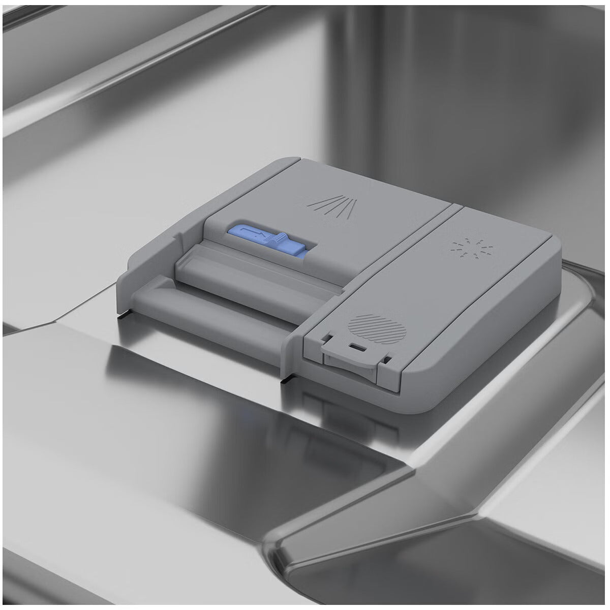 A gray automatic dishwasher detergent dispenser placed on the inside of a stainless steel dishwasher rack.