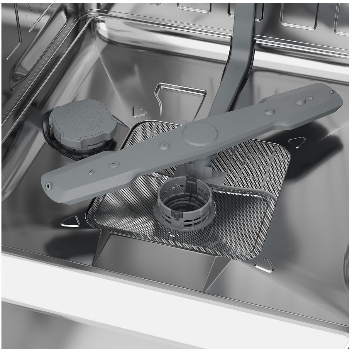 Close-up of a dishwasher interior showing gray detergent dispenser parts and a stainless steel basin.