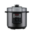 A black multi-pressure cooker with a digital control panel displayed frontally.